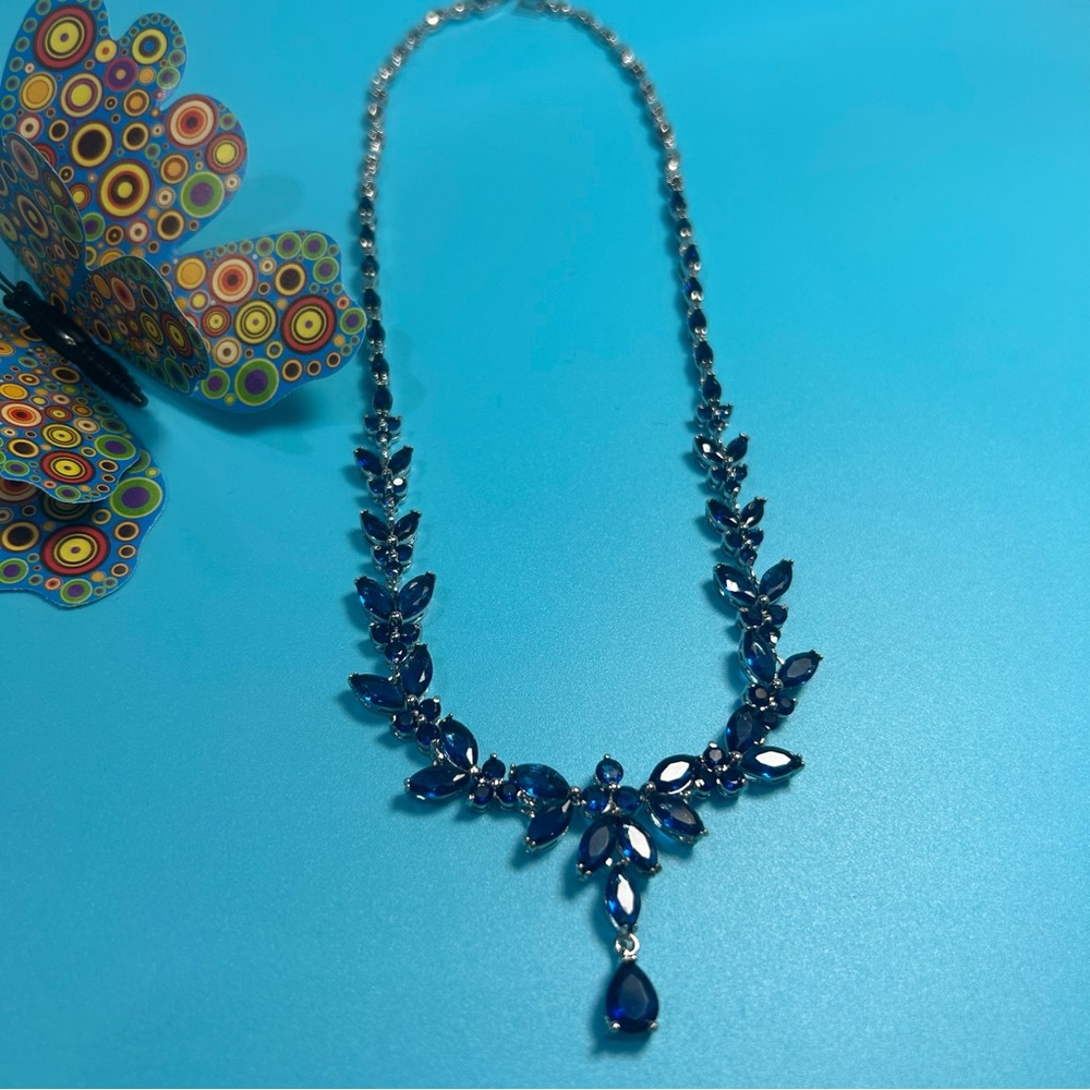 14k White Gold Plated Simulated Blue Sapphire Necklaces for Wedding, Prom, Hoco.